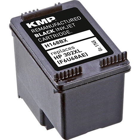 Schwarze KMP Tintenpatrone H168BX als Ersatz für HP 302XL vor weißem Hintergrund.