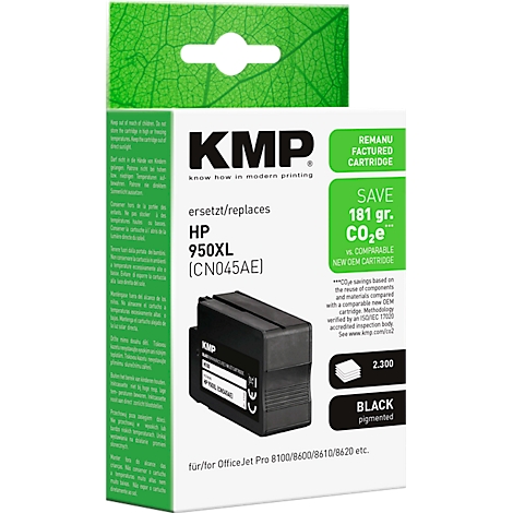 KMP Druckerkartusche schwarz, Ersatz für HP 950XL, in weisser Umverpackung mit grünem Blattmuster.