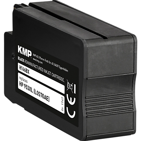 Schwarze KMP Tintenpatrone H166BX als Ersatz für HP 953XL vor neutralem Hintergrund.