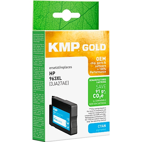 KMP Gold Tintenpatrone ersetzt HP 963XL, Cyan, auf weisser Verpackung mit grünem Blatt-Design.