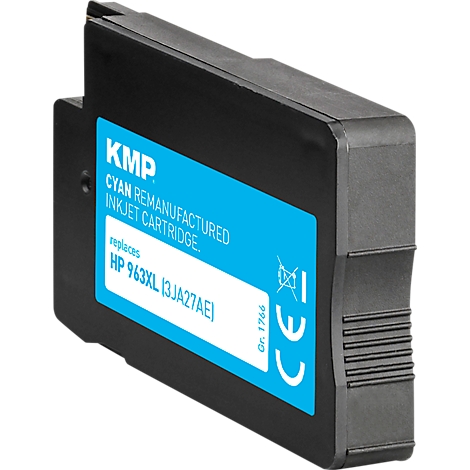 Schwarze KMP Tintenpatrone Cyan als Ersatz für HP 963XL auf weissem Hintergrund.