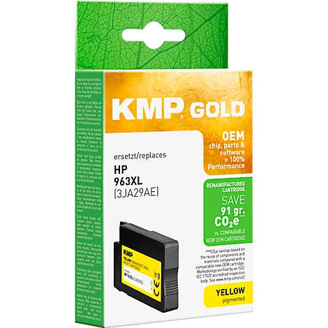 KMP Gold Tintenpatrone, gelb, als Ersatz für HP 963XL, in der Produktverpackung.