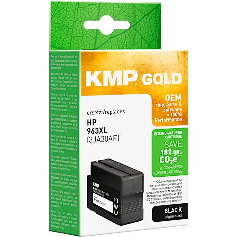 KMP Gold Tintenpatrone ersetzt HP 963XL, schwarz, in rechteckiger Verpackung mit Blatt-Design.