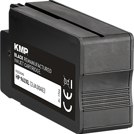 Schwarze KMP Tintenpatrone, Ersatz für HP 963XL, vor neutralem Hintergrund.