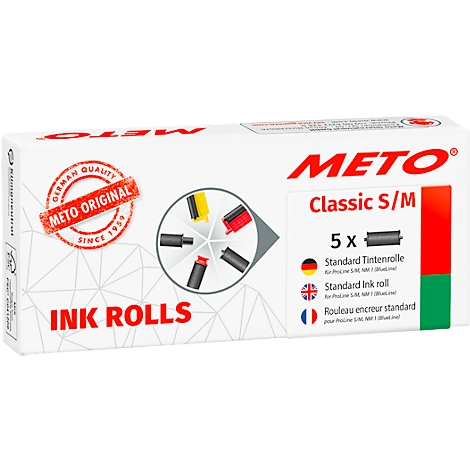 Weiße Verpackung mit roter und blauer Schrift. Aufdruck: METO, Classic S/M, Ink Rolls, deutsche, englische und französische Beschriftung.