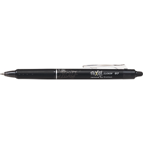 Ein schwarzer Pilot Frixion Clicker Stift, der Text "CLICKER 07" und "remove by friction" aufweist.