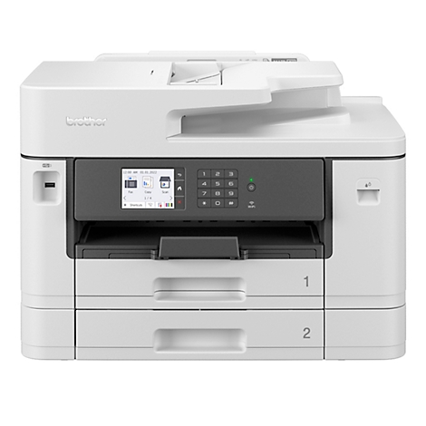 Weißer Multifunktionsdrucker mit Display, Tasten und zwei Papierschächten.