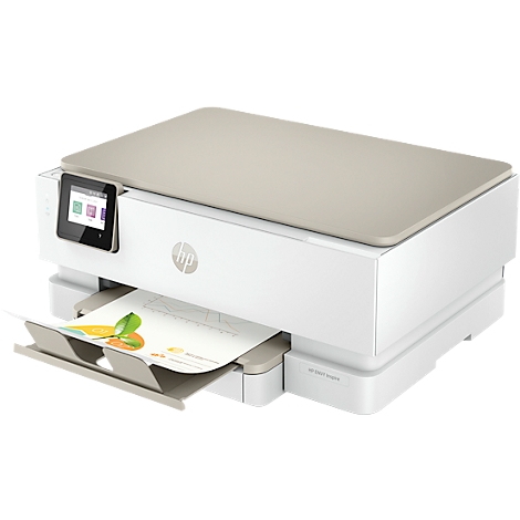 Weißer HP-Drucker mit Display, aus dem Papier kommt. Oben cremefarbener Deckel.