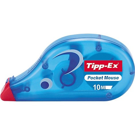 Blauwe Tipp-Ex Pocket Mouse met rode punt. Het product heeft het Tipp-Ex logo, de Pocket Mouse belettering en de 10M indicatie.