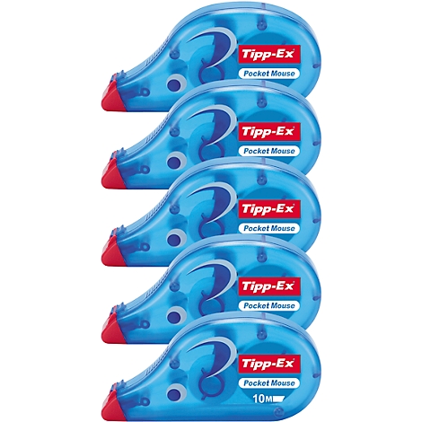 Five blue Tipp-Ex Pocket Mouse correction rollers, red and white labeled.