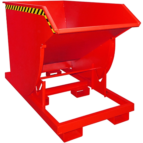 Red metal tipping skip, with yellow and black warning stripes. The skip is mounted on a red frame.