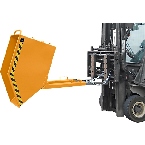 Yellow forklift attachment bin mounted on a forklift. Black and yellow warning stripes on the corner.