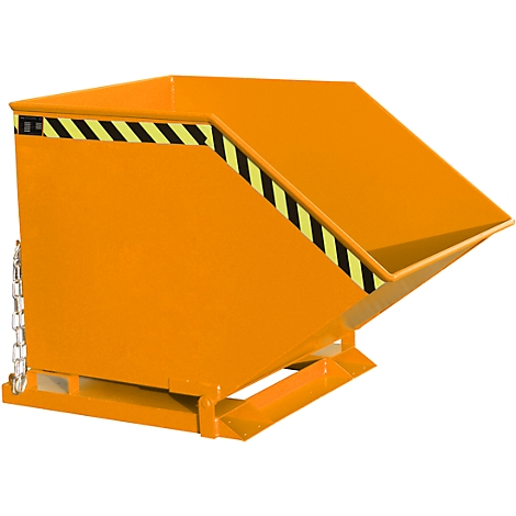 Orange tipping skip. Angular, with yellow-black warning stripes. Tipping device with chain. Open at the front.