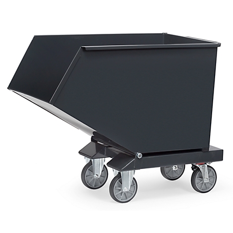 Gray tipping skip with four wheels and an angle at the top.