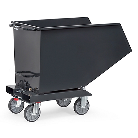 Gray tipping cart. The container is on a frame with four wheels.