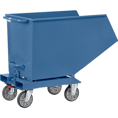 Blue tilting container on wheels, with carrying handles.
