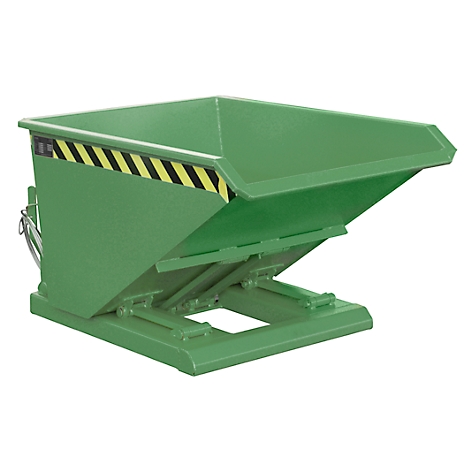 Green tipping skip. A black and yellow stripe on the side. A lifting device under the container.