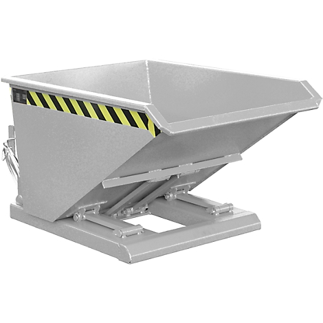 Gray tipping container, angled. Yellow and black warning marking. Mechanism for tipping visible.