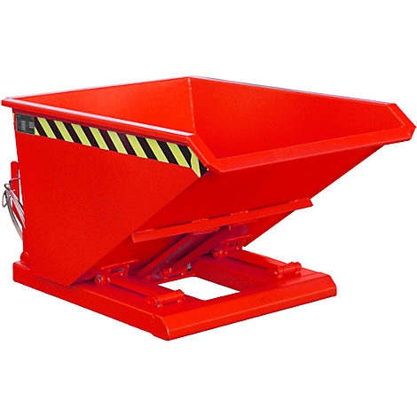 Red tipping skip with black and yellow warning stripes. It stands on a lifting device.
