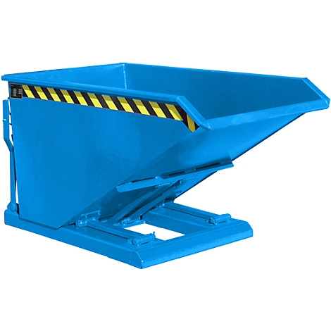 Blue tipping skip, diagonally from the front, with black and yellow warning stripes. The product is designed for the transport of bulk goods.