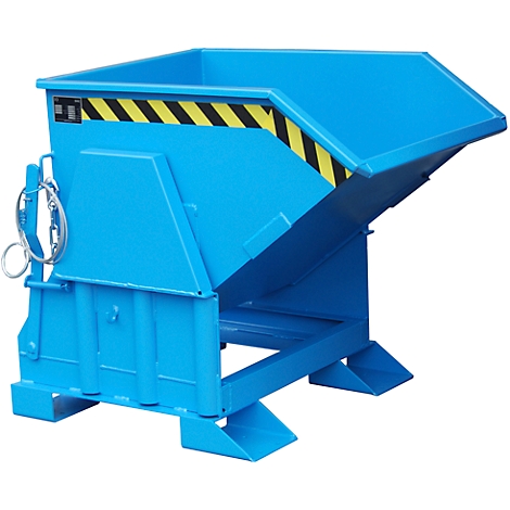 Blue painted metal tipping container. Yellow and black warning mark, open lid.