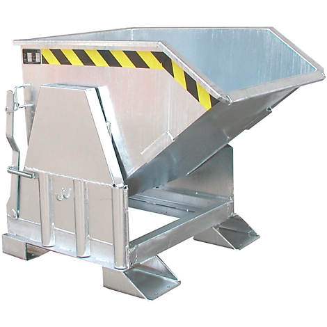 Metal waste container, tilted, with a black and yellow warning stripe. The container is empty.