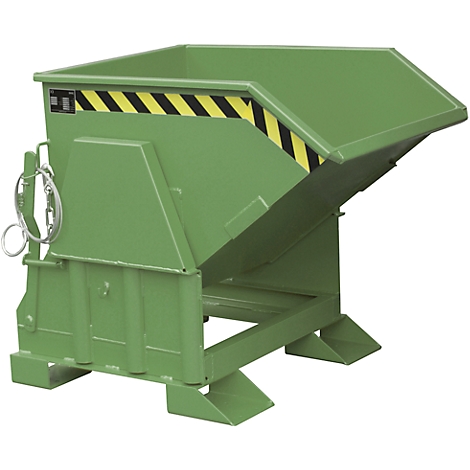 Green tipping skip with yellow-black warning stripe. Top open.