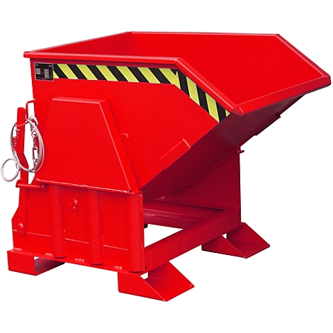 Red tipping container. The top edge has yellow and black stripes. A safety mechanism is on the left side.