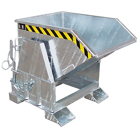 Metal tipping container. Yellow and black warning stripe, metal chain, open side.