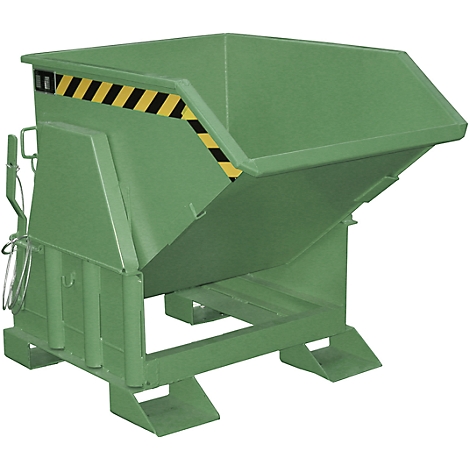Green tipping skip against a neutral background. Yellow and black stripes on the edge of the container.