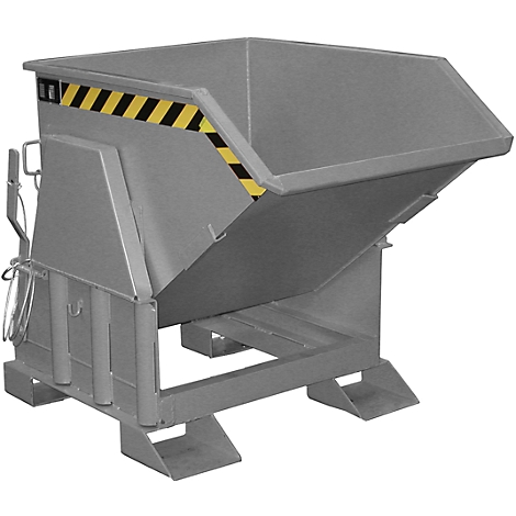 Gray tipping container with black and yellow warning stripes. Steel construction with tilting trough and stable base.
