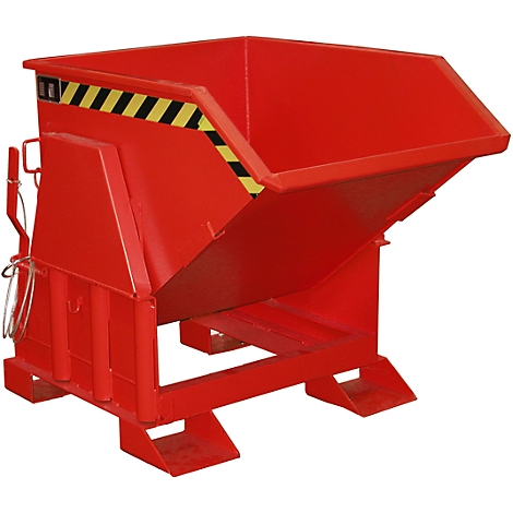 Red tipping container with black and yellow warning markings, for emptying and storing material.