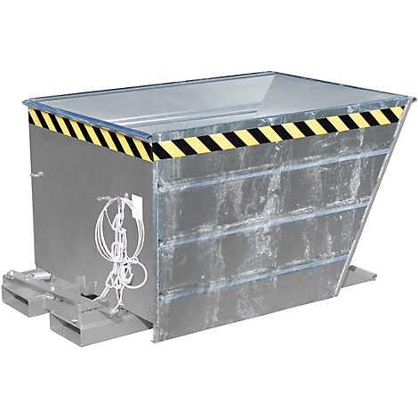 Gray metal container with slanted sides, decorated with a yellow and black warning stripe.