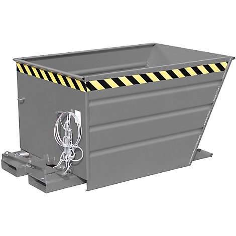 Gray steel container with a black and yellow warning stripe. Suspension with cable pull.