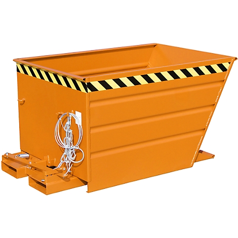 Orange tipping skip with a black and yellow warning marking on the upper edge. Chains and other details are attached to the container.