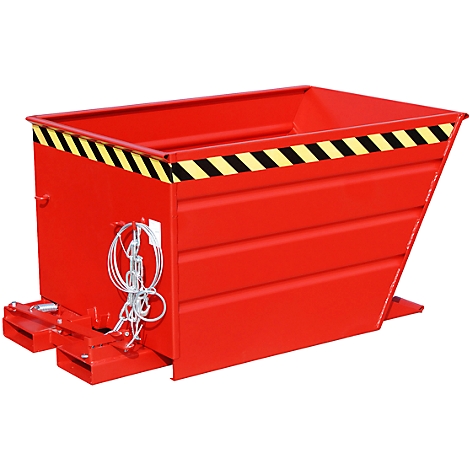 Red stacking container with black and yellow warning markings.