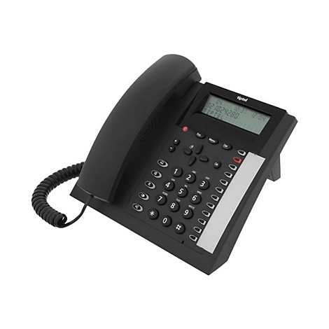 Schwarzes Festnetztelefon mit Display, Tasten und HÃ¶rer. Auf dem Display sind Zahlen zu sehen.