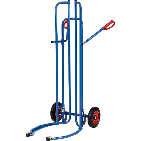 Blue cart with red handle and wheels. The frame is made of metal. Two wheels are visible.