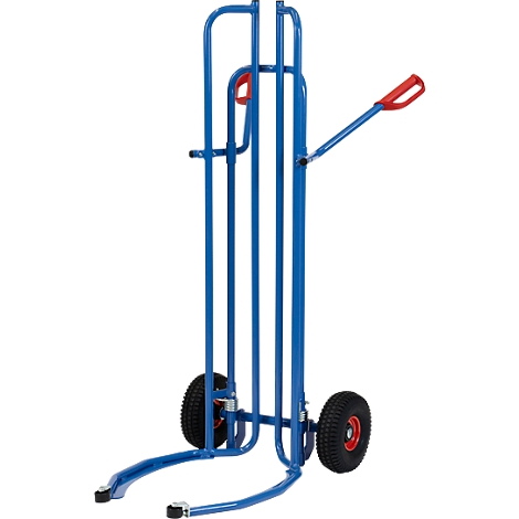 Blue hand truck with two wheels and red handle against a white background.