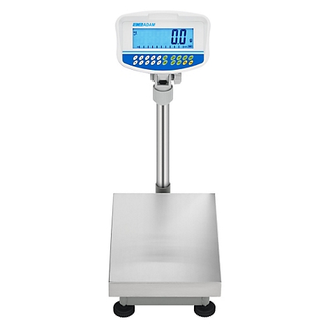 Digitale Waage, weißes Gehäuse, silberne Säule, rechteckige Plattform, Anzeige: 0.0.