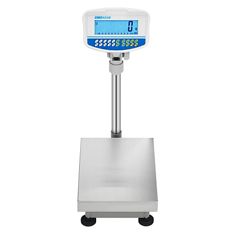 Digitale Waage, weißer Rahmen mit blauem Display, zeigt „0“ an. Silberfarbene Säule und Wiegefläche.