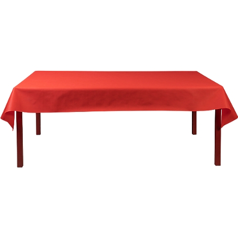 Ein Tisch mit rechteckiger roter Tischdecke; vier Beine.