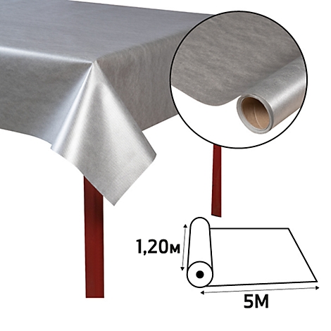 Ein graues Tischkleid liegt auf einem Tisch. Ein Ausschnitt zeigt eine Rolle des Stoffes mit den Maßen 1,20 m x 5 m.