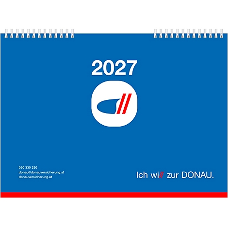 Kalender mit der Jahreszahl 2027 und dem Logo der Donau Versicherung. Der Hintergrund ist blau, am unteren Rand befindet sich ein roter Streifen.