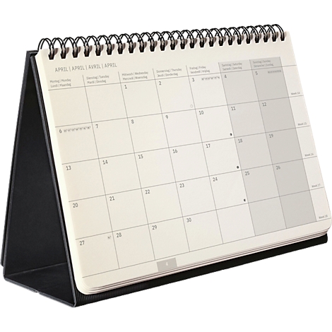 Ein schwarzer Tischkalender mit Spiralbindung, zeigt April. Aufgeschlagen, teilweise grau markiert.