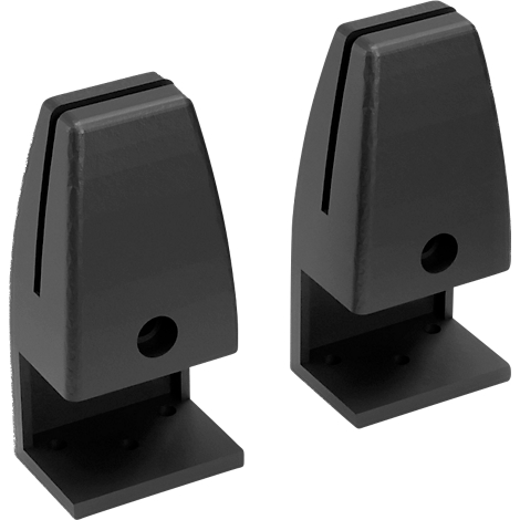 Zwei schwarze Tischklemmen, aus Metall, in Nahaufnahme, zur Befestigung von Schreibtischplatten.