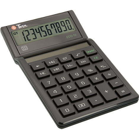 Schwarzer Tischrechner Twen Eco 10 mit LCD-Display vor weißem Hintergrund.