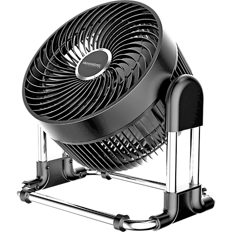 Schwarzer Ventilator auf Metallgestell; das Gehäuse hat einen silbernen Mittelpunkt.