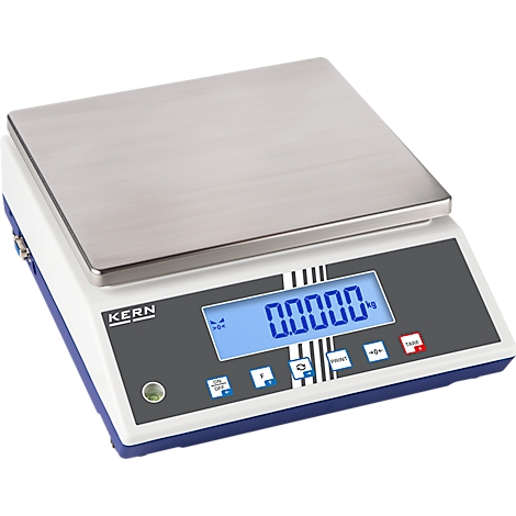 Digitale Präzisionswaage mit Anzeige von 0,00000 kg. Die Waage ist weiß, blau und grau mit Tasten und einem Edelstahl-Wiegeteller.