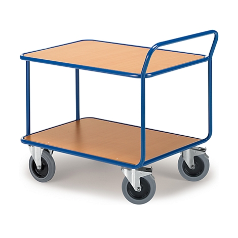 ROLLCART Tischwagen, 2 Etagen, bis 500 kg, TPE-Bereifung, Stahl pulverbeschichtet enzianblau RAL 5010, L 800 x B 500 mm